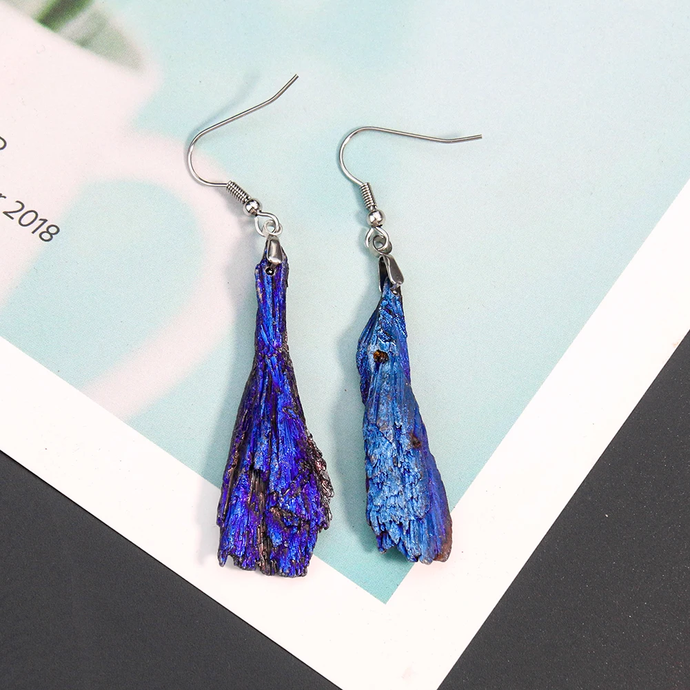 1 Pair Tourmaline Earrings Feather Stone Charms Unique Ear Hook Wand Dangle Blue Royalblue Mineral Bohemian Woman Jewelry Gift