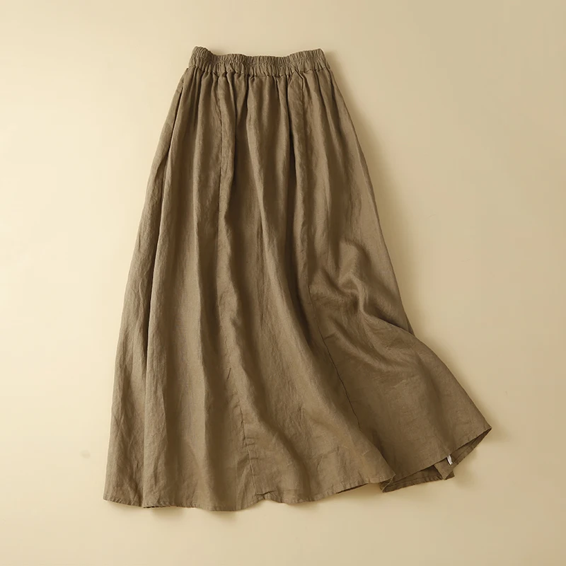 Ladies Cotton Linen A-Line Midi Skirt Lazy Design Summer Long f Body Skirt High Waist Pure Color Commute Sle