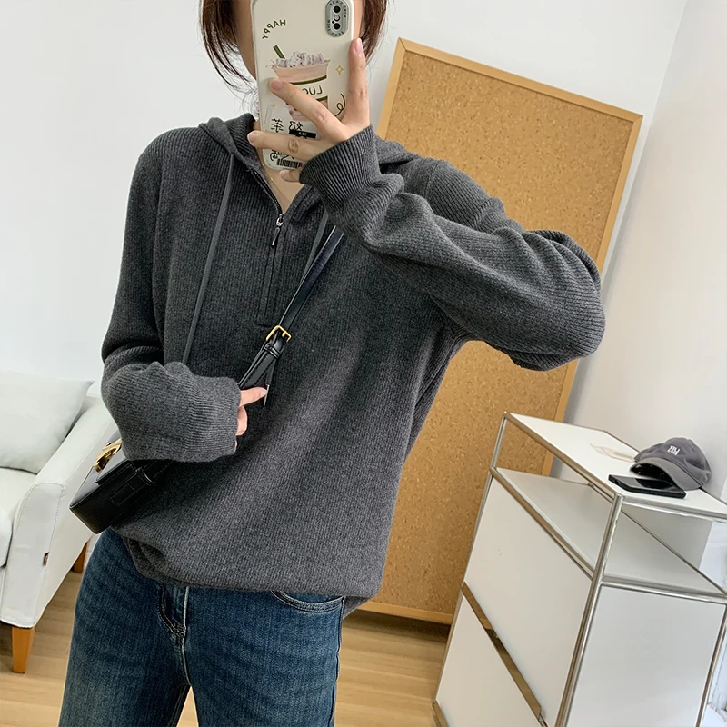 

Женский вязаный свитер из смеси шерсти с капюшоном на молнии, повседневный свободный цвет, новое поступление на осень 2023 г.