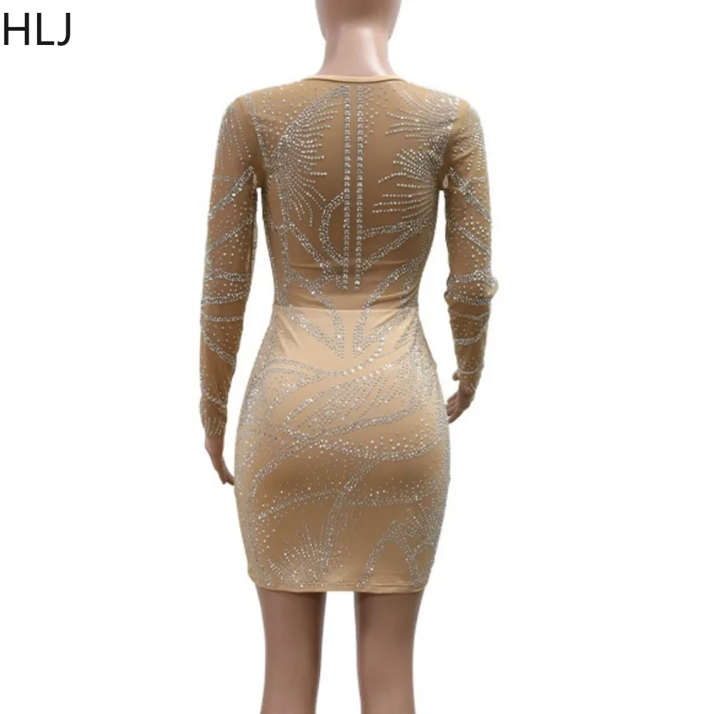 HLJ Women Rhinestone Bodycon Dress Sexy Mesh Patchwork Party Club Night Mini Dress Deep V See Through Vestidos Long Sleeves new