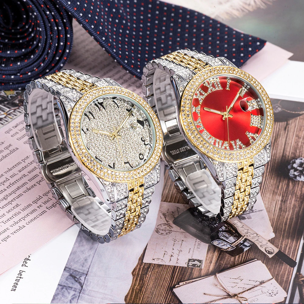 Orologio da polso di alta qualità per uomo donna Orologio al quarzo con pietra piena Lucidatura lucida Orologi gioielli in oro Orologio con data 3 colori