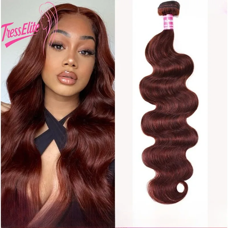 Tenda per capelli castano rossastro # 33 Onda del corpo con fasci lisci Capelli umani Texture morbida Remy vergine brasiliana dall'aspetto naturale
