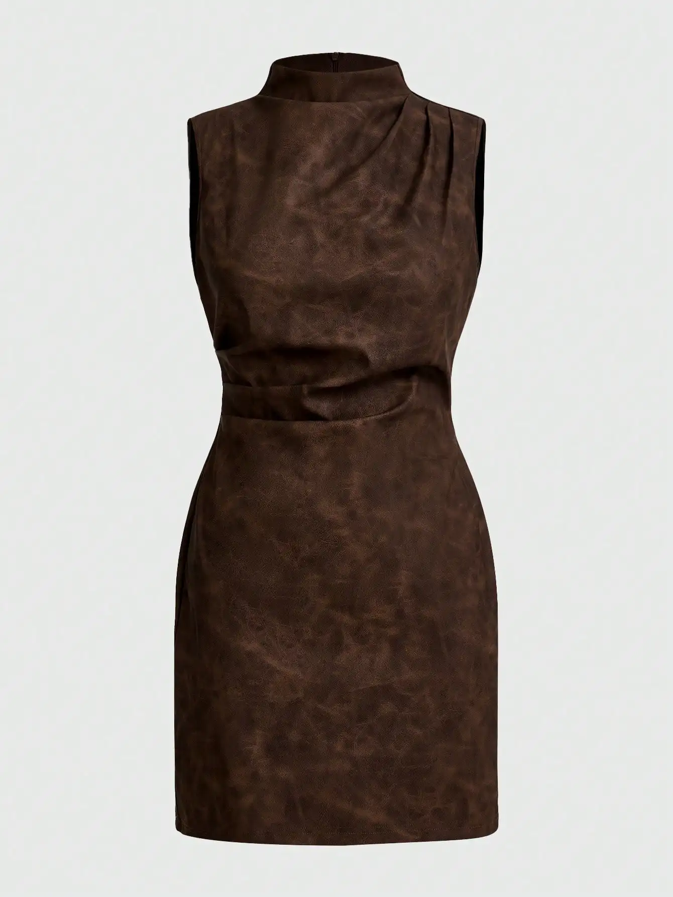 

Женское мини-платье из искусственной кожи с драпировкой, воротником-стойкой и без рукавов, однотонное