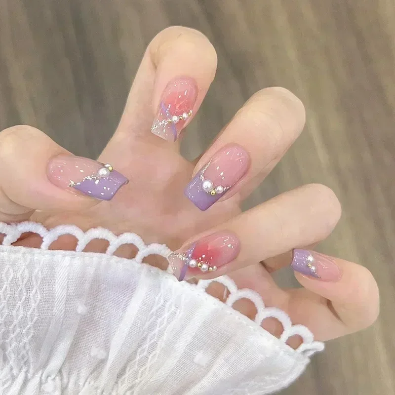 24 stuks ballerina kunstnagels ster en maan druk op nagels roze met lijm draagbare nepnagels glitter volledige dekking nageltips kunst