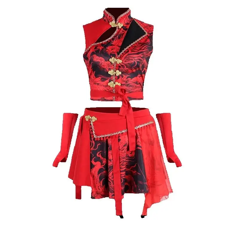 2025 ใหม่โมเดิร์นแจ๊สเต้นรำเครื่องแต่งกายสำหรับหญิงสไตล์จีนสีแดงชุดไนท์คลับบาร์ดีเจการแสดงบนเวทีเรฟเสื้อผ้า DQS20730