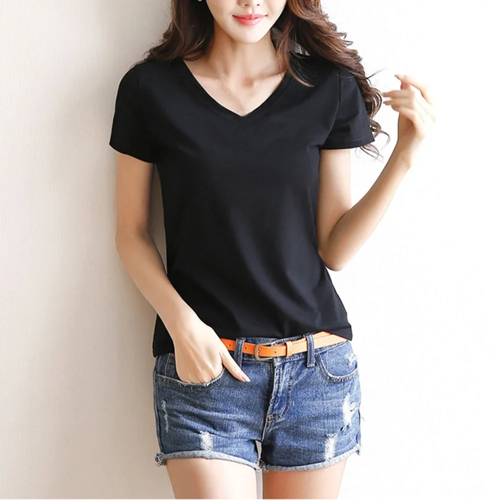 Women's Summer Casual Basic Thin T-Shirt Solid Color Tees Top Short Sleeve Round/ V Neck T-shirts Female Clothing