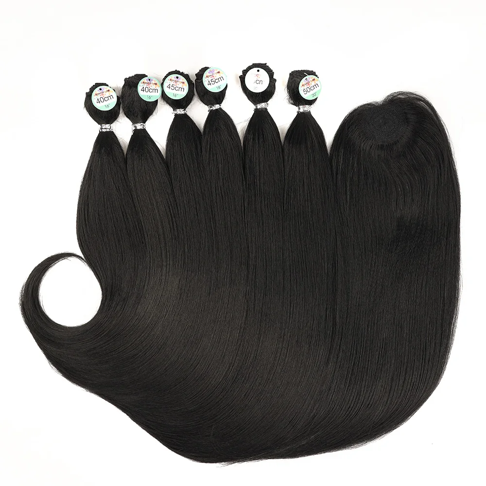 Synthetic Straight Hair Tail Curl Black 16 18 20‘’ 6 Bundles With Closure High Temperature Fiber Weave Hair Extensions For Women view 2