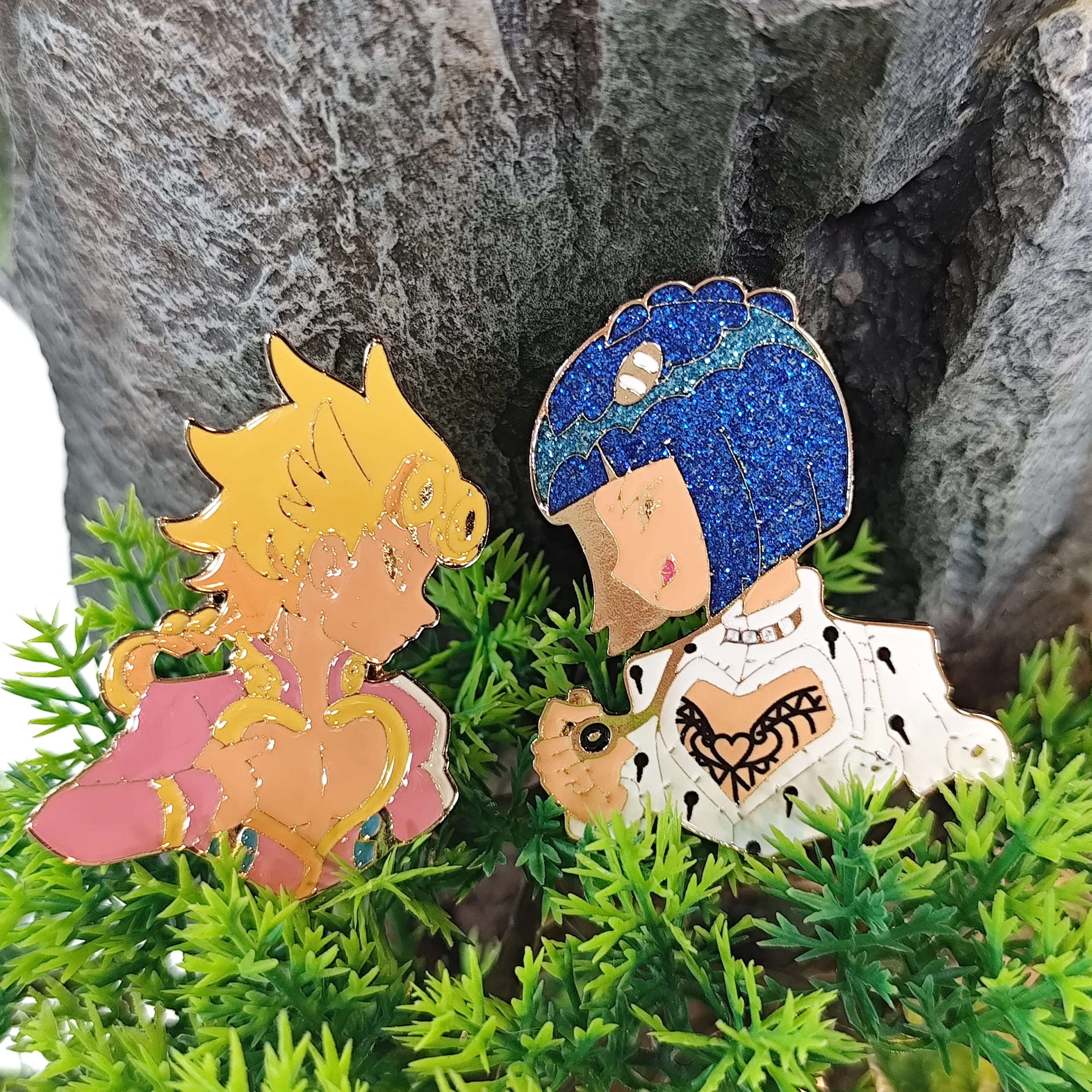 Couple - style enamel pins, a blonde girl in pink and a blue - haired partner in white. Perfect for adorning jackets or bags.