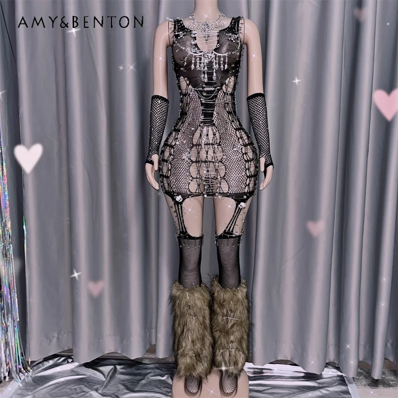 

European American Style Hollow Out See-through Base Sexy Women's Clothing Punk Dark Gothic Pin Accessories Jumpsuit Vest Ladies