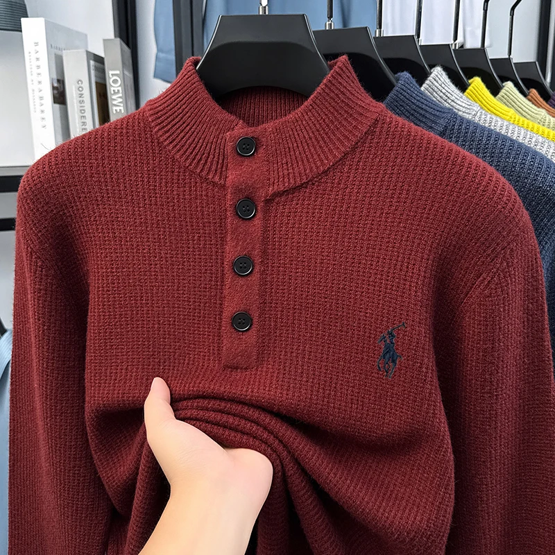 

2025 Winter Men's High End Embroidered Wool Sweater Half High Collar Thickened Warm Sweater Hooded Knitted Base Sweater