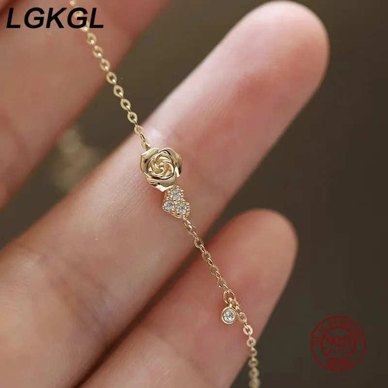 LGKGL-pulsera de plata de ley 925 con flor de circonita hueca coreana, brazalete de oro de 14K, joyería de temperamento, regalo para mujer