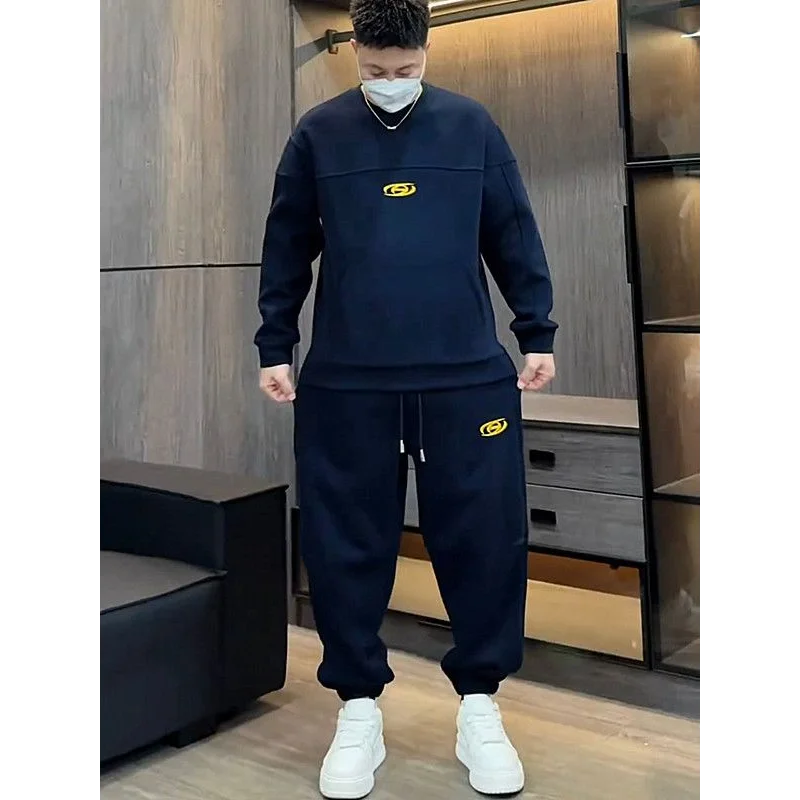 

New Winter Plus Velvet Thickened Solid Sports Leisure Suits Men Trendy Brand Loose Casual Sweatshirts Sweatpants Two-piece Set
