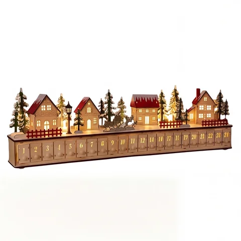 Wood Christmas Advent Calendar with 24 Drawers LED Lighted Village Advent Calendar Christmas Village Assembly Required