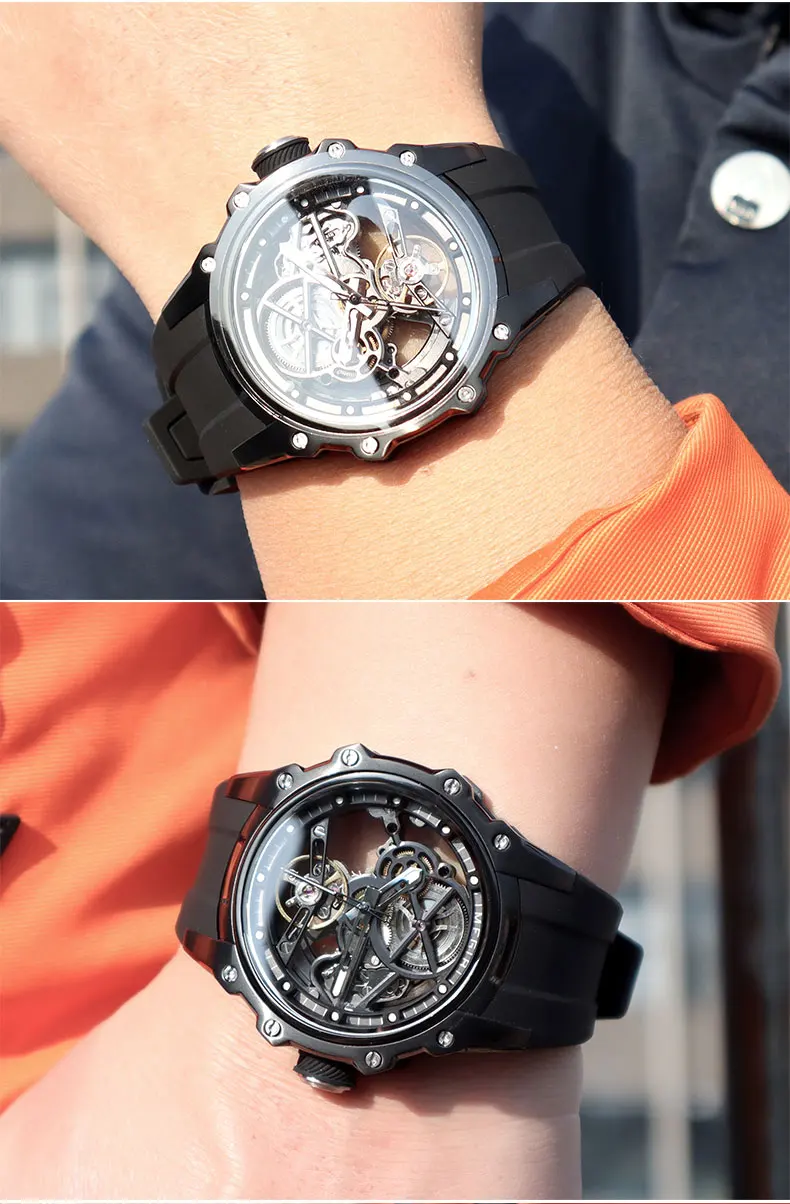 MEGIR Skeleton Dial Automatische Mechanische Uhr Männer Edelstahl Gehäuse Wasserdicht Leuchtende Sport Armbanduhr mit Silikon Armband – Detail 15