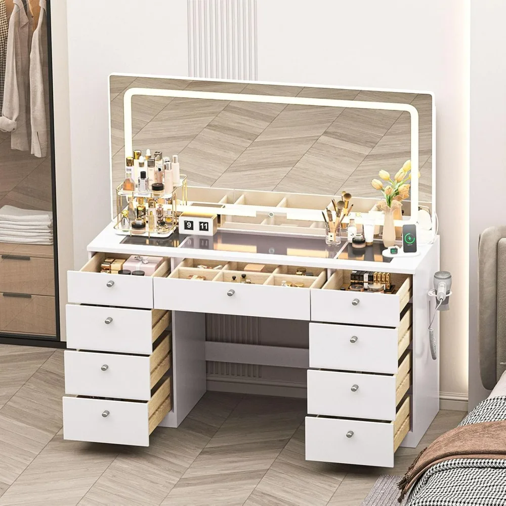 Makeup Vanity Desk, 46 INCH Glass Tabletop Vanity Table with Lights, Drawers, Power Outlet, Large Storage Desk for Bedroom