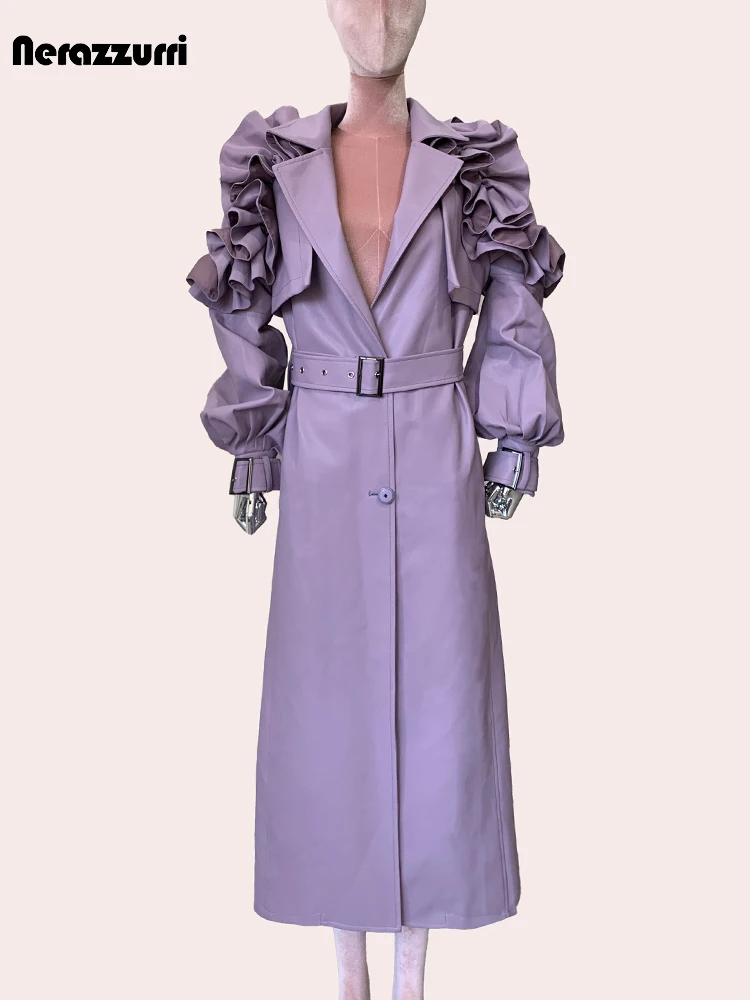 Nerazzurri Autumn Long Ruffled Purple Pu Leather Trench Coat for Women Belt Elegant Chic Stylish Luxury Designer Clothes 2024