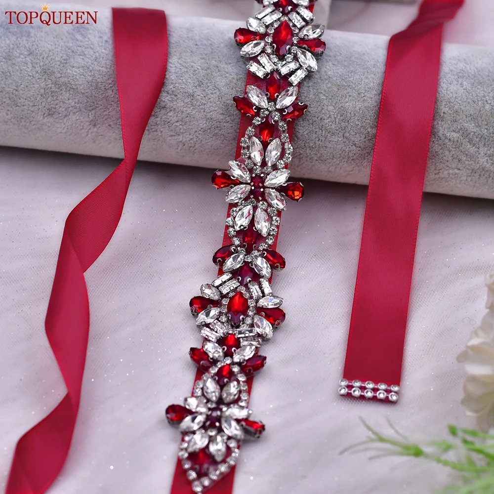 TOPQUEEN Red Rhinestone Bridal Belt Sash Wedding Belt Red Evening Gown Waist Decoration Wedding Accessories Bridesmaid Gift S09