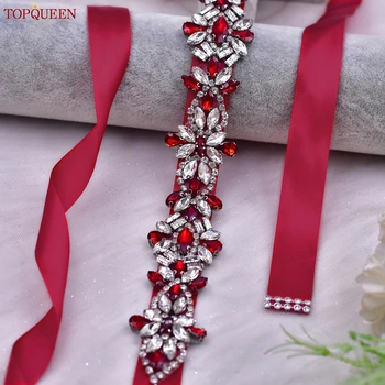 TOPQUEEN rouge strass ceinture de mariée ceinture de mariage rouge robe de soirée taille décoration accessoires de mariage cadeau de demoiselle d'honneur S09
