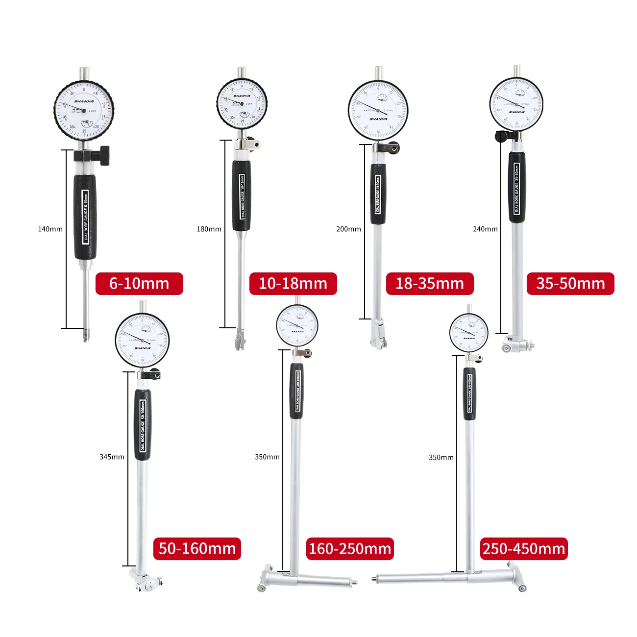 SHANHR 6-10/10-18/18-35/35-50/50-160mm Dial Indicator Dial Bore Gauge Hole Diameter Measuring Gauge 0.01 mm Gauge Measuring Tool