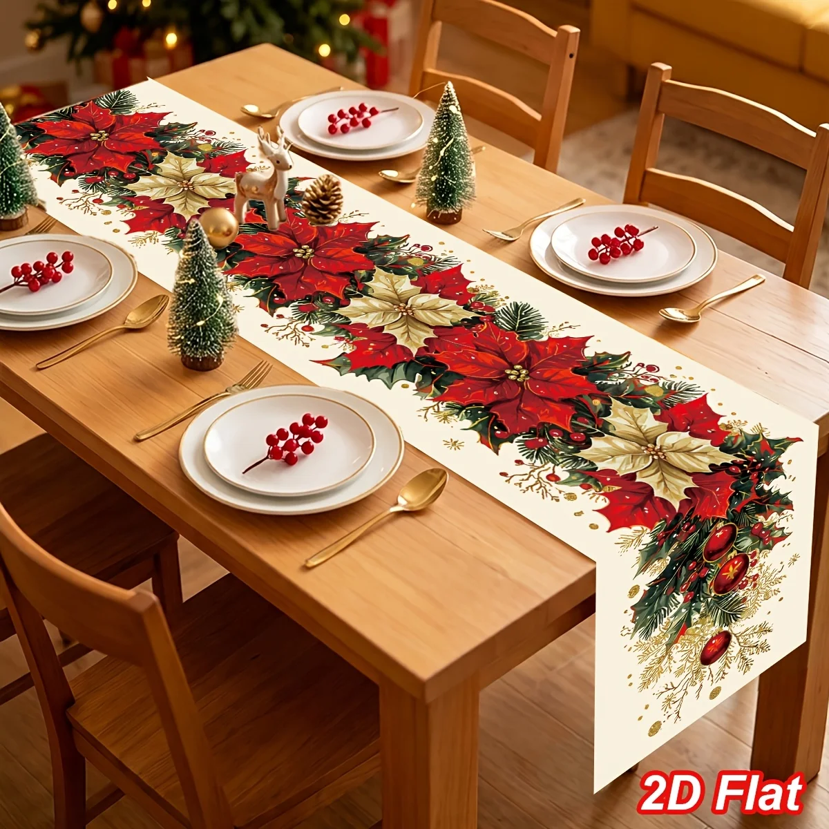 VIKAMA Christmas Table Runner for Dining Table Red Gold Poinsettia Pine Leaf Berry Winter Cotton Linen Washable Decor