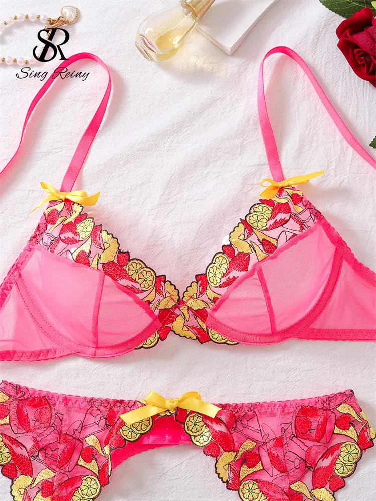 Singreiny-女性のための花柄の刺繍が施されたブラセット,透明な下着,メッシュのランジェリー,韓国スタイルのガーターベルト,スリーピースのスーツ,2024