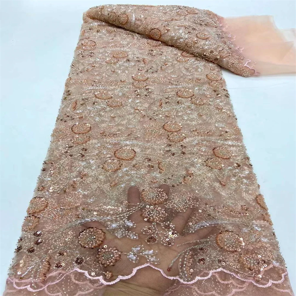 

African Sequins Beaded Lace Fabrics 2024 High Quality Stones Embroidery French Nigerian Lace Fabric For Wedding Sewing jy-0215