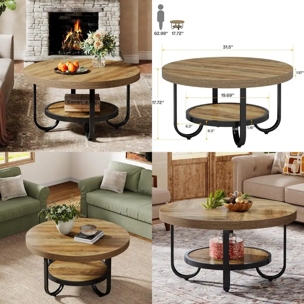 طاولة قهوة خشبية مستديرة حديثة مع رف تخزين وإطار معدني، طاولة مميزة على الطراز الصناعي 31.5 لغرفة المعيشة