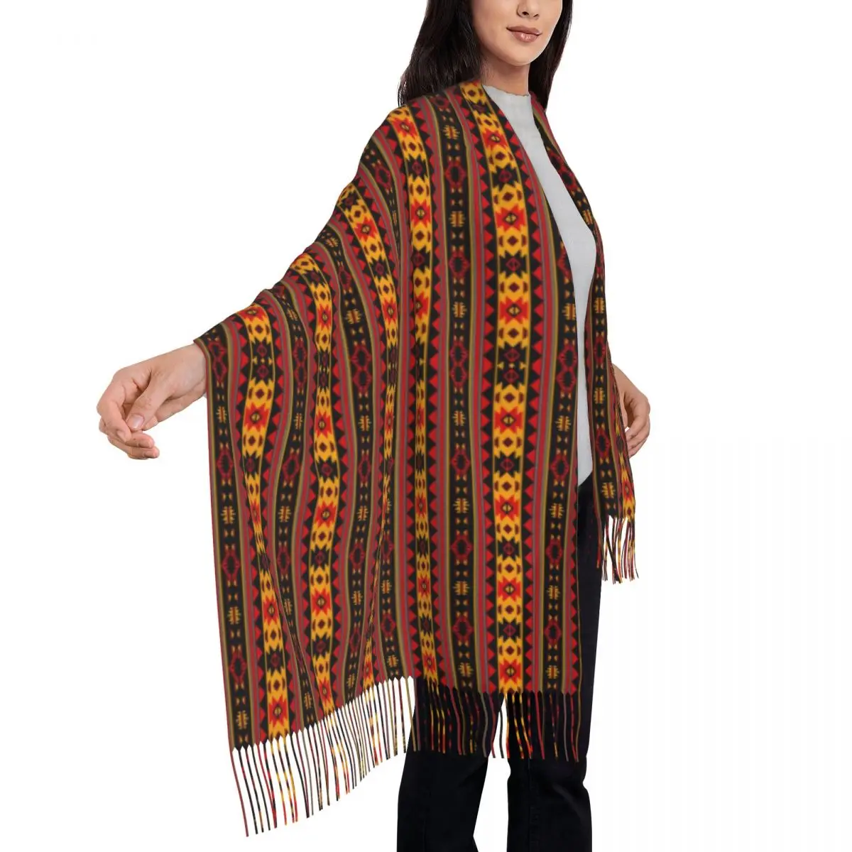 Red Black Gold Tribal Scarf Southwest Design Soft Shawl Wrap with Tassel Women Retro Scarves Wraps Autumn Graphic Bufanda Mujer