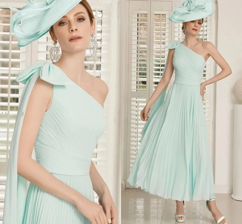 

Elegant Sage Short Mother of the Bride Dress 2024 One Shoulder Sleeveless Pleat Tea Length Wedding Guest Party Gowns New