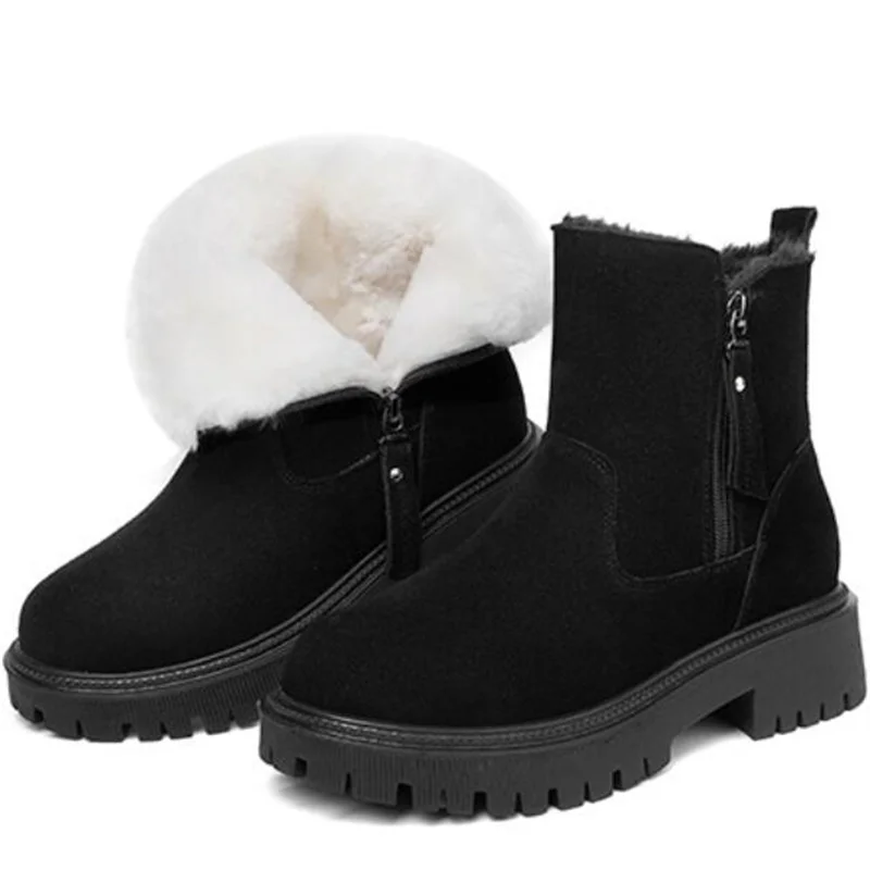 

ZXRYXGS High Quality Frosted Cowhide Plush Wool Winter Roman Boots 2023 Large Size Thick Heel Non-slip Women Shoes Snow Boots