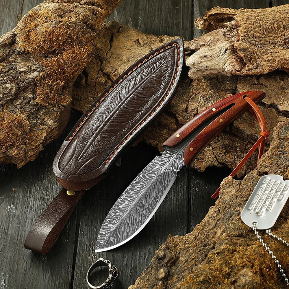 Multi-purpose Feather Pattern Knife With Scabbard Stainless Steel Meat Knife High Hardness Fruit Knife Small Straight Knives