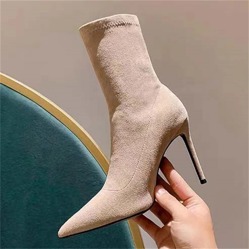 

Aneikeh Retro Street Style Fashion Pointed Toe Ankle Boots Women Sexy Thin Heels Stripper Ladies Shoes Socks Booties Winter