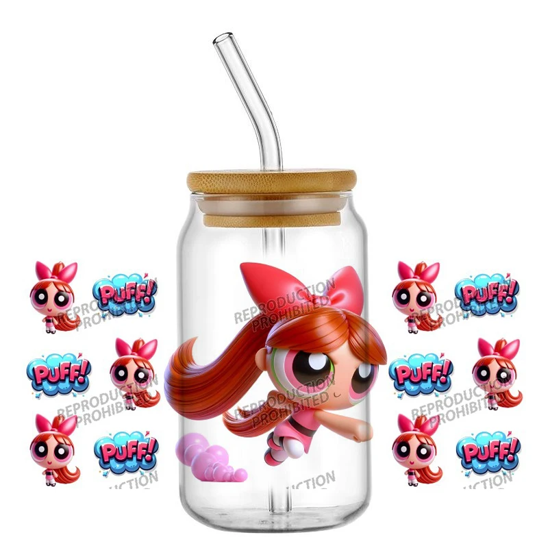 جديد وصول ثلاثية الأبعاد الكرتون Powerpuff الفتيات UV DTF ملصق مضاد للمياه لتقوم بها بنفسك التفاف ملصق مائي ل 16 أوقية كوب القدح يلتف سهلة التطبيق