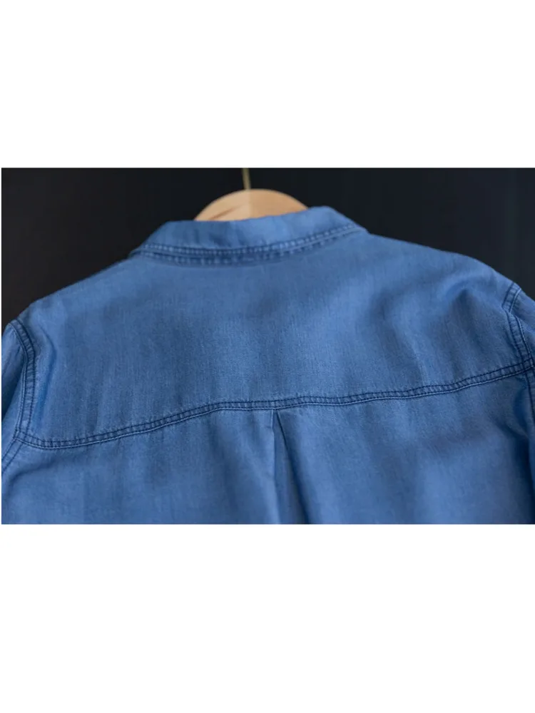 Chemisier en jean à manches longues pour femmes, poches chic coréennes, épissage irrégulier, simple boutonnage, chemise en jean, printemps, nouvelle