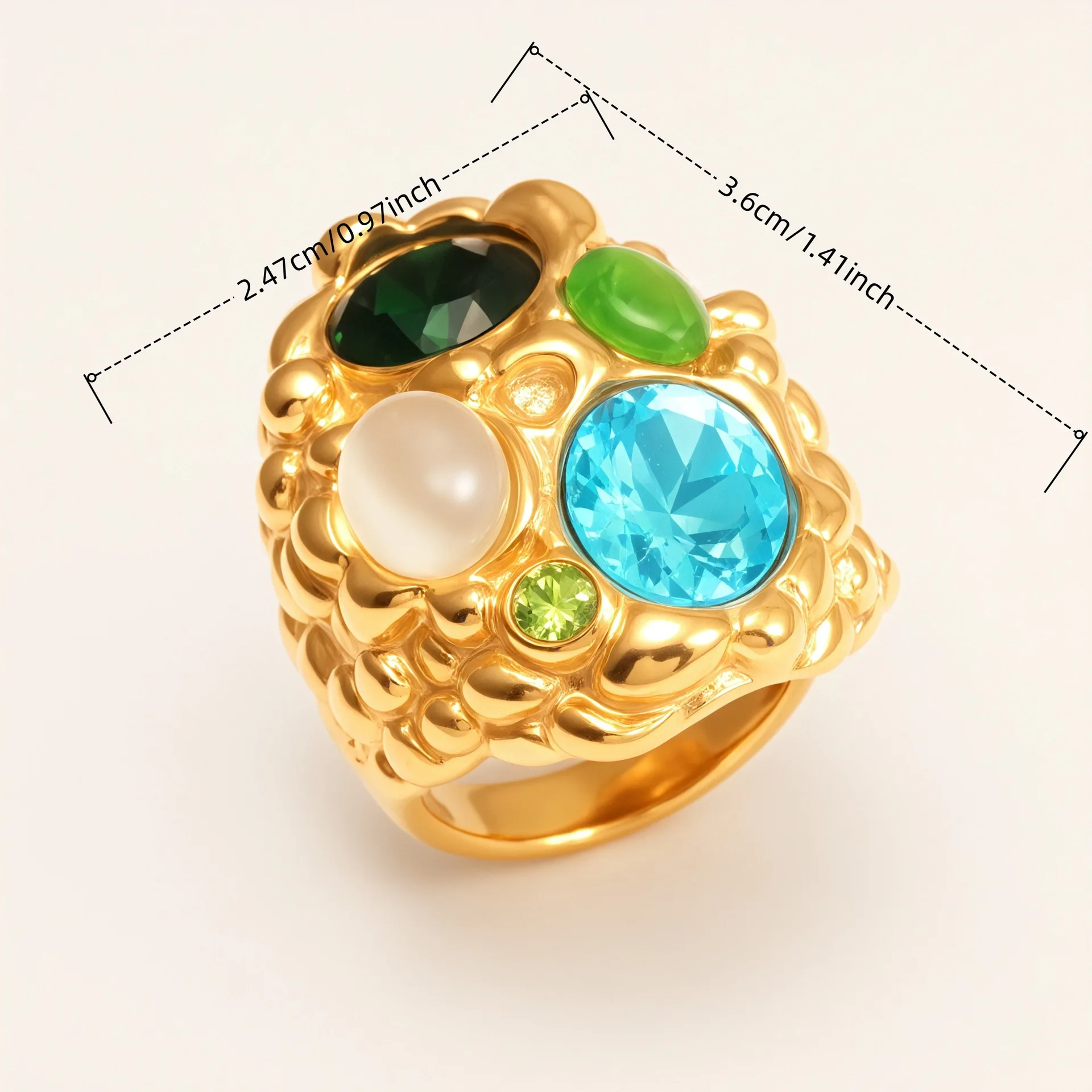 316L Stainless Steel 18K Gold Plated Irregular Concave Convex Textured Ring Multi Color Gemstone Inlaid Chunky StatementJewelry