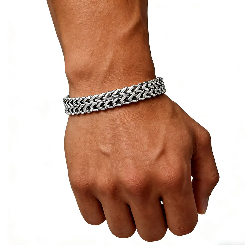 Stainless Steel Braided Double Row Front and Rear Fish Scale Alloy Magnetic Buckle Bracelet with Keel Jewelry