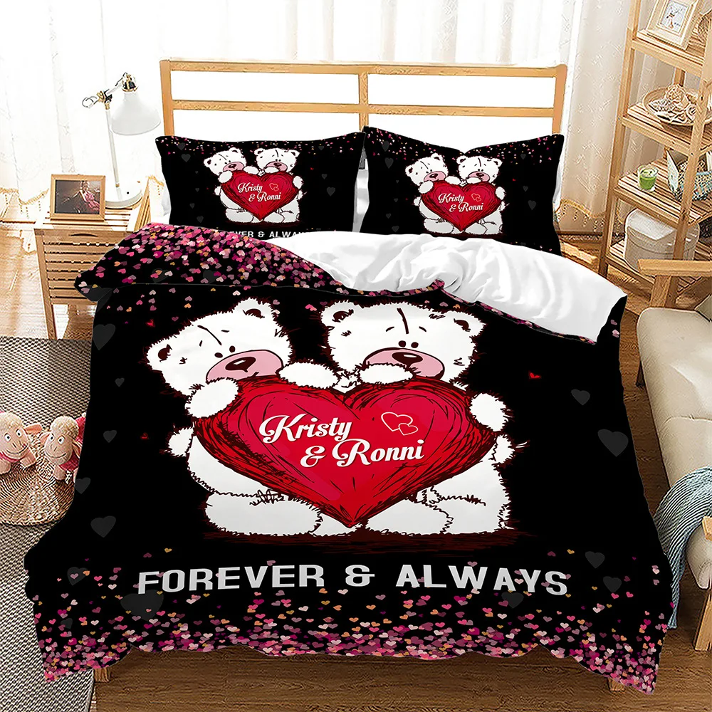 Custom Name 3D Duvet Cover Linen Pillowcases Wedding Decor Twin King Queen Love Heart Valentine's Day Bedding Set