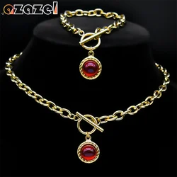 2PCS Goth Red Stone Vintage OT Buckle Necklace Bracelets Sets Stainless Steel Gold Color Round Pendant Jewelry Set Party Gift