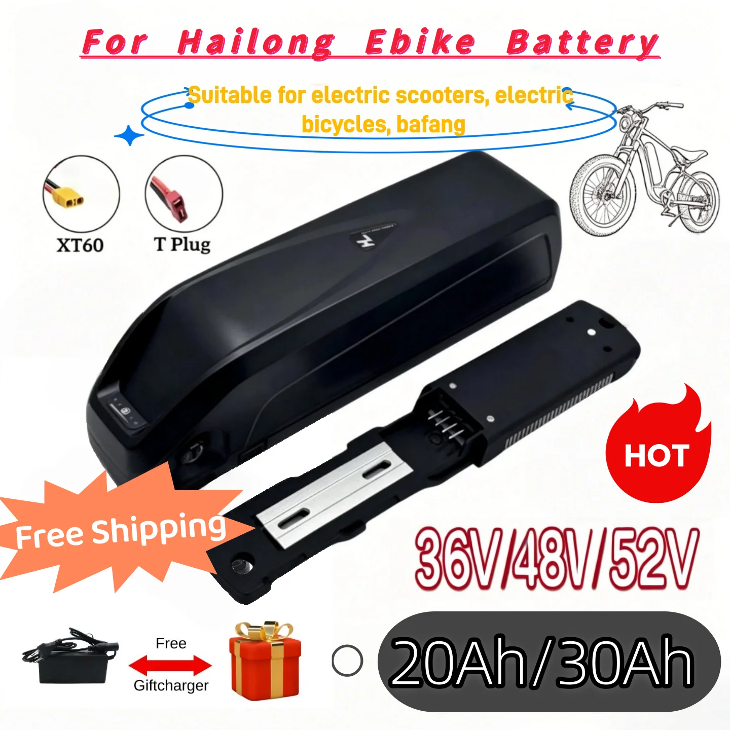 Electric Bicycle Battery Hailong 21700 18650 Cells Pack 36V 48V 52V 20Ah 30Ah Powerful ebike Lithium Battery
