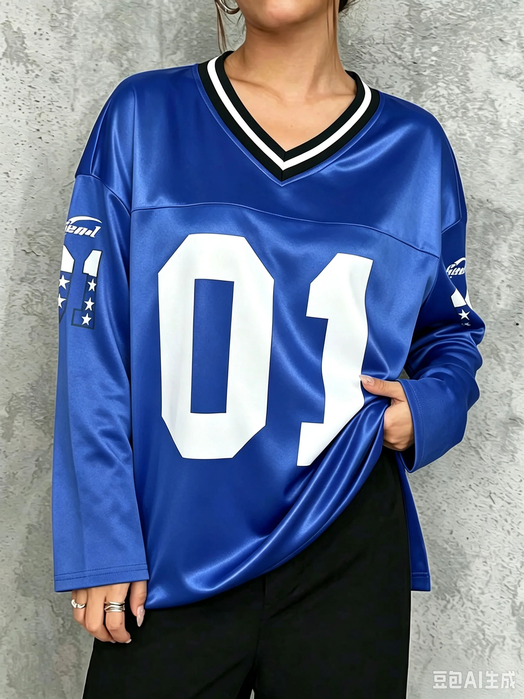 Herren Damen Vintage Langarm Oversized T-Shirt mit Nummer 01 Aufdruck, V-Ausschnitt, Modisches Sportliches Loose-Fit Streetwear Casual Oberteil – Detail 3