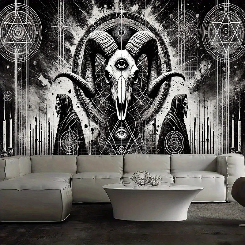 Gothic Infernal Goat Landscape Tapestry, Grunge Occult Symbol Geometry Wall Cloth, Cool Backdrop For Bedroom Home Space Indoor