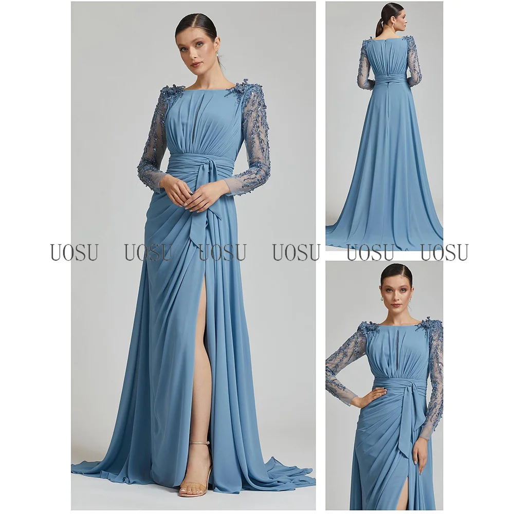 Elegant Wedding Guest Gowns for Women Light Sky Blue Chiffon Mother of the Bride Dress Long Sleeves Beaded Split Celebrity Dress