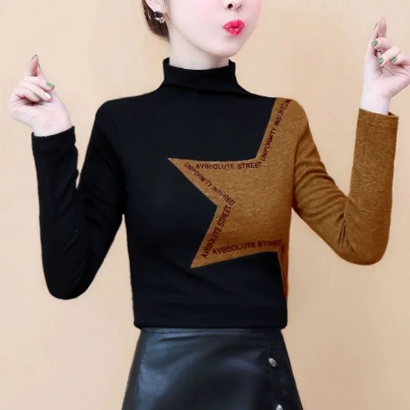 

Women's Pullover Half High Collar Patchwork Letter Bottom Top Autumn and Winter 2023 New Fashion Slim Long Sleeve Female Tops