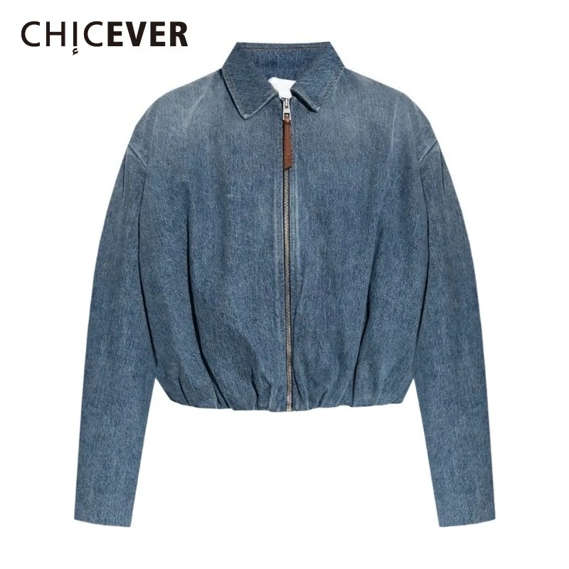 

CHICEVER винтажные базовые джинсовые пальто для женщин с лацканами и длинными рукавами в стиле пэчворк на молнии, весенние однотонные джинсы, женская стильная одежда