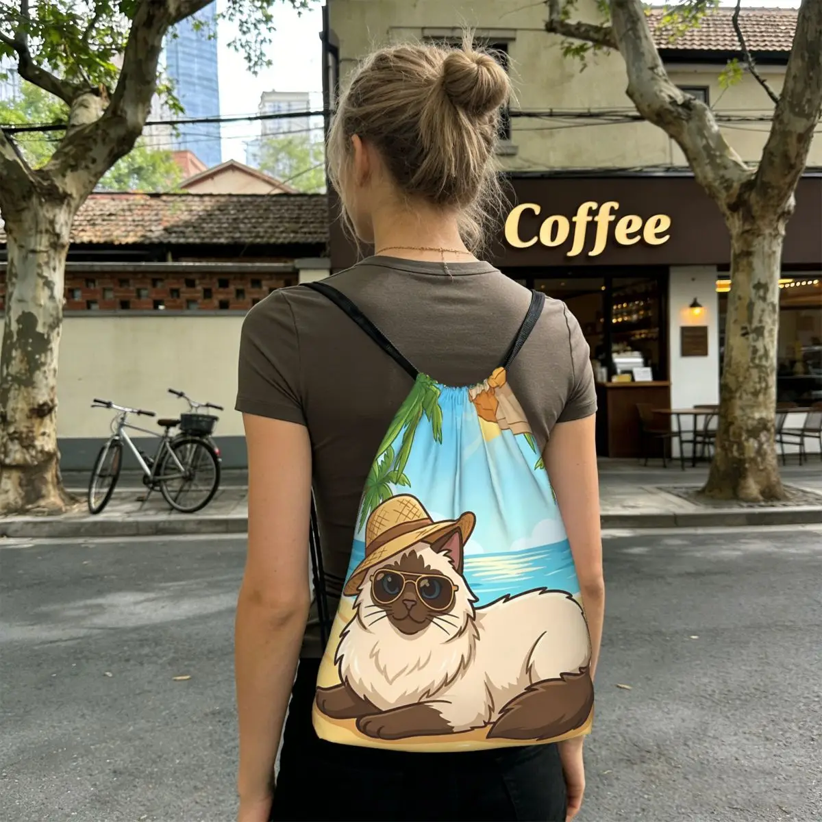 Beach Straw Hat Black Cat Pattern Backpacks Multi-function Drawstring Bags Sports Bag Book Bags for Man Woman School