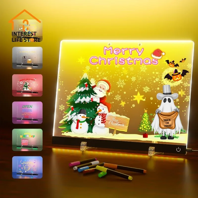 

New Halloween Christmas Acrylic Clear Light Up Drawing Board Glow Memo LED Rewritable Message BoardKids DIY Toys Home Decoration