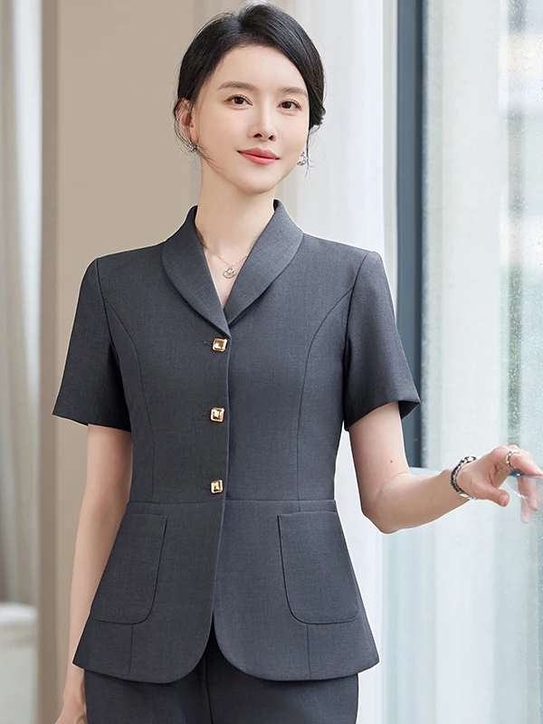 Fashionable Summer Short Sleeve Single Button Suit Jacket Women's Commute Workwear Set Professional OL Style Polyester Fiber