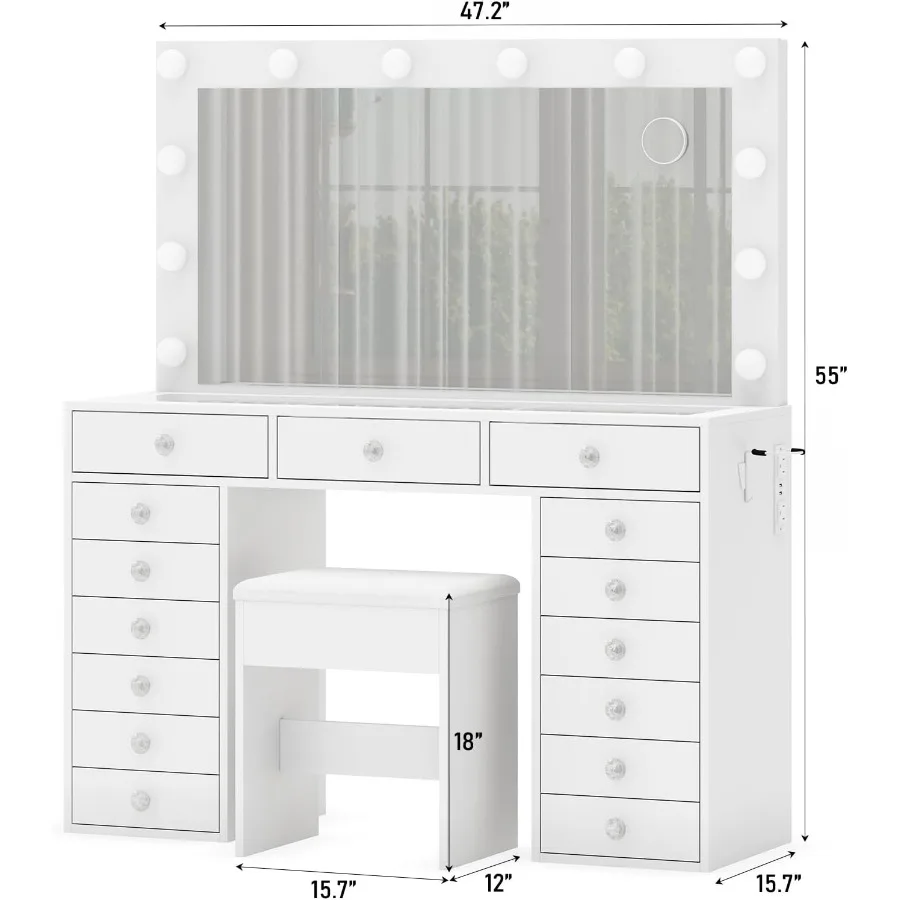 15 Drawers Makeup Vanity with Charging Station, Vanity Desk with 12 LED Bulbs and HD Mirror, 3 Color Brightness Adjustable, Van