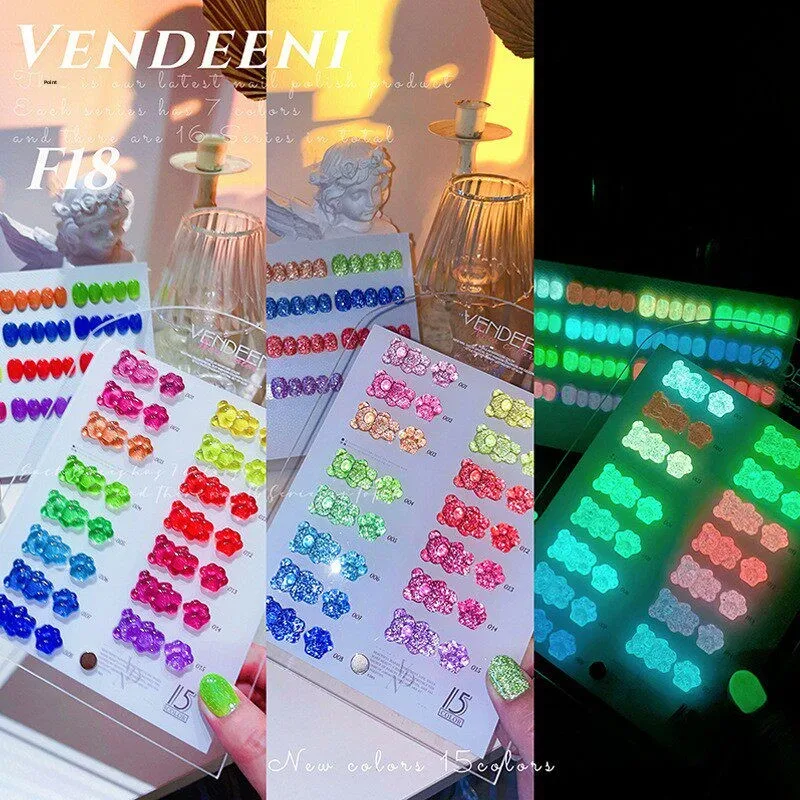 VENDEENI 15 Colors Luminous Broken Drill Nail Gel Set Fluorescent Powder Flash Colored Nail Polish Long-Lasting Chroma Nail Shop