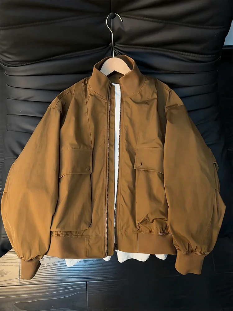 Men's Brown Workwear Flight Jacket Spring Autumn Short Style Baseball Coat Three-Proof Loose Fit Youth Popular Polyester Fiber